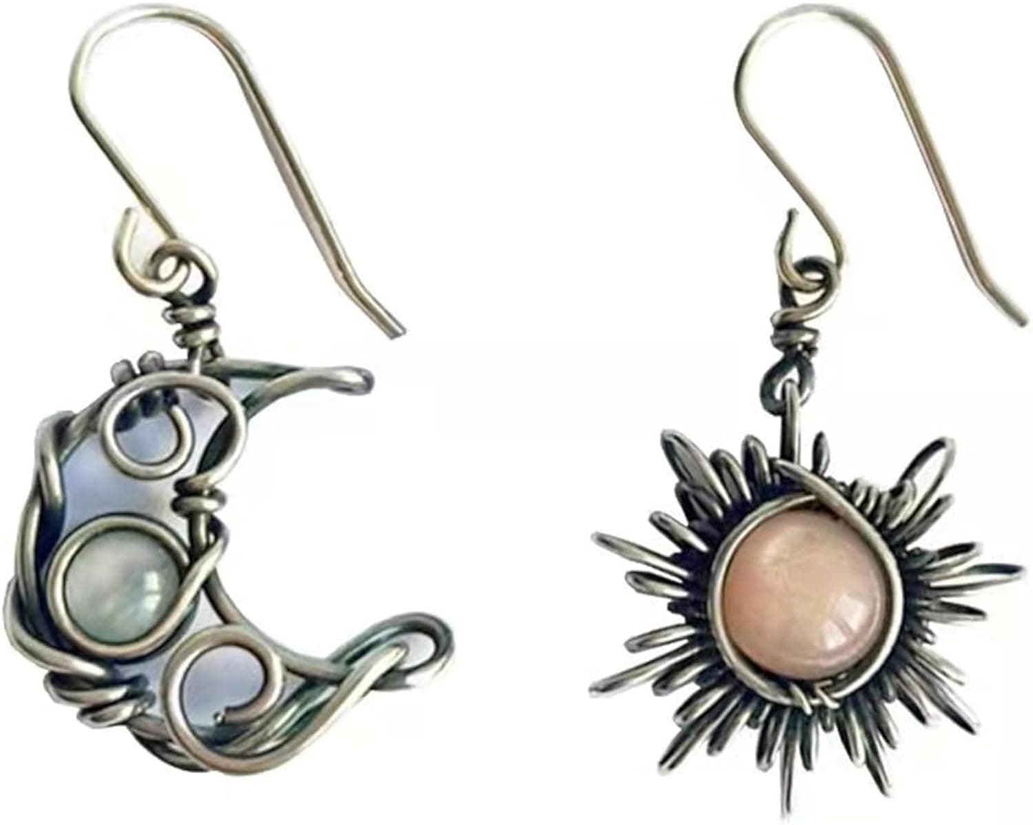 MALOYANVE Boho Opal Sun and Moon Drop Dangle Earrings Moonstone Natural Stone Hook Bohemian for Women Girls Asymmetrical Antiqued Silver Celestial Jewelry