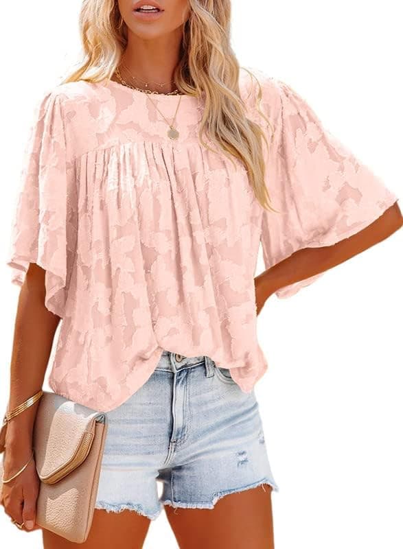 Dokotoo Womens 3/4 Bell Sleeve Blouse Summer Crewneck Lace Tops Floral Textured Babydoll Shirts