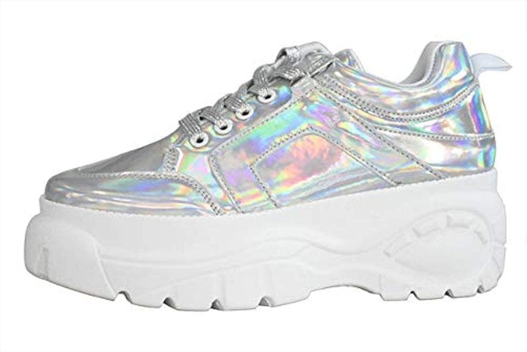 LUCKY-STEP Womens Chunky Sneakers - Classic Athletic Sports Walking Shoes with Lace Up Platform Leather Trainers - Sports Wear (Hologram Silver,10 B(M) US)