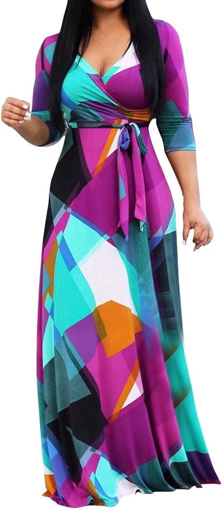 Bandage Split Loose Dress Fashion Women Plus Size Print V-Neck Long Sleeve Dress