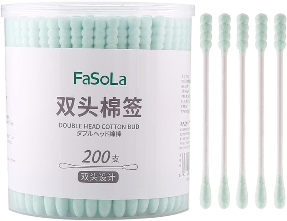 FaSoLa 200 Count Cotton Swabs with Paper Sticks, Double Round Cotton Tip for Makeup, Natural Cotton Buds for Ears, Kids Safety Swabs with Storage Box, Green, Spiral and Round