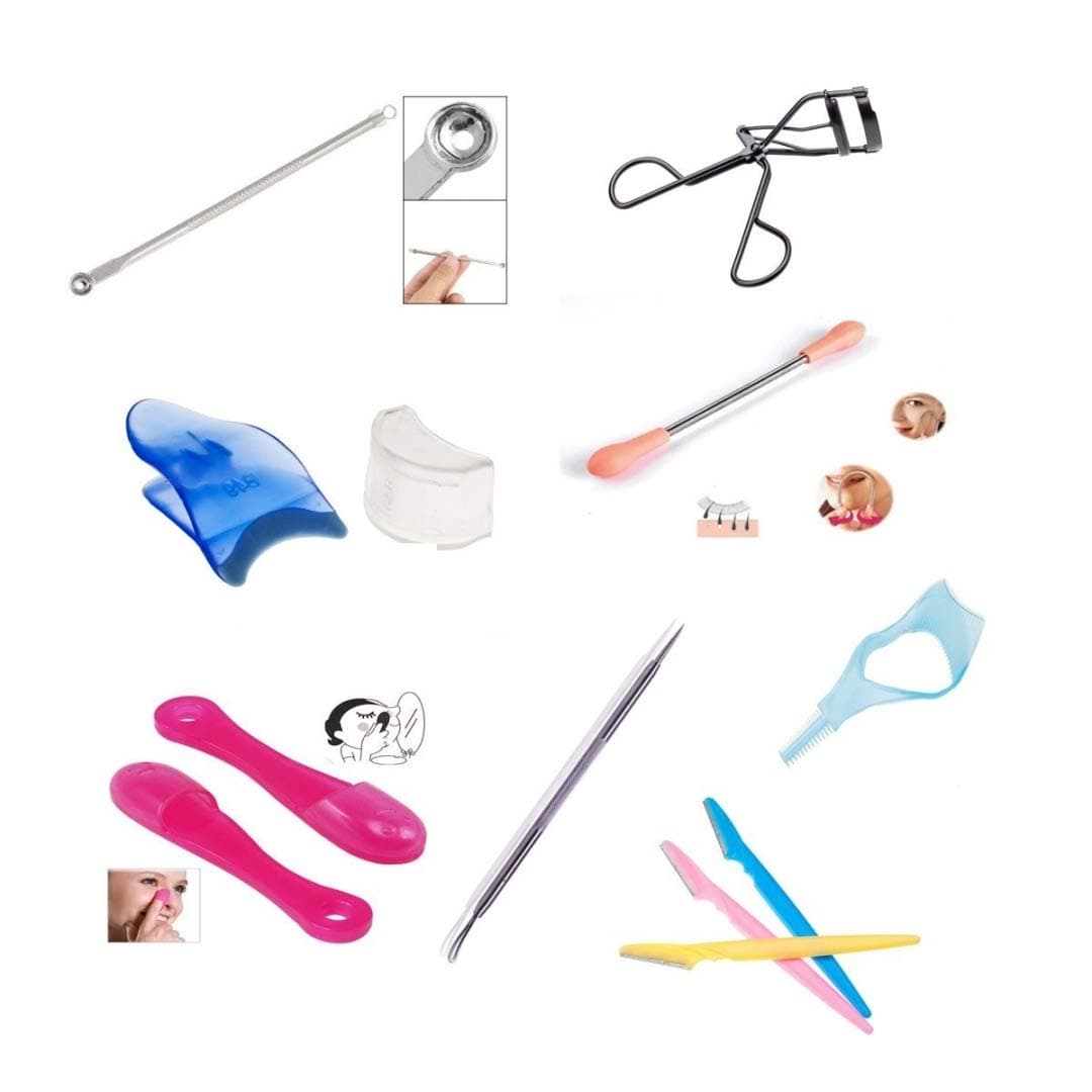 Complete Facial Skin Care And Make Up Tools Set Kit With Hair Remover Spring, Blackhead Removers, Mascara And Eye Lashes Applicators, Eyelashes Curler, Eyebrows Razors And Silicone Pores Cleaner By VAGA