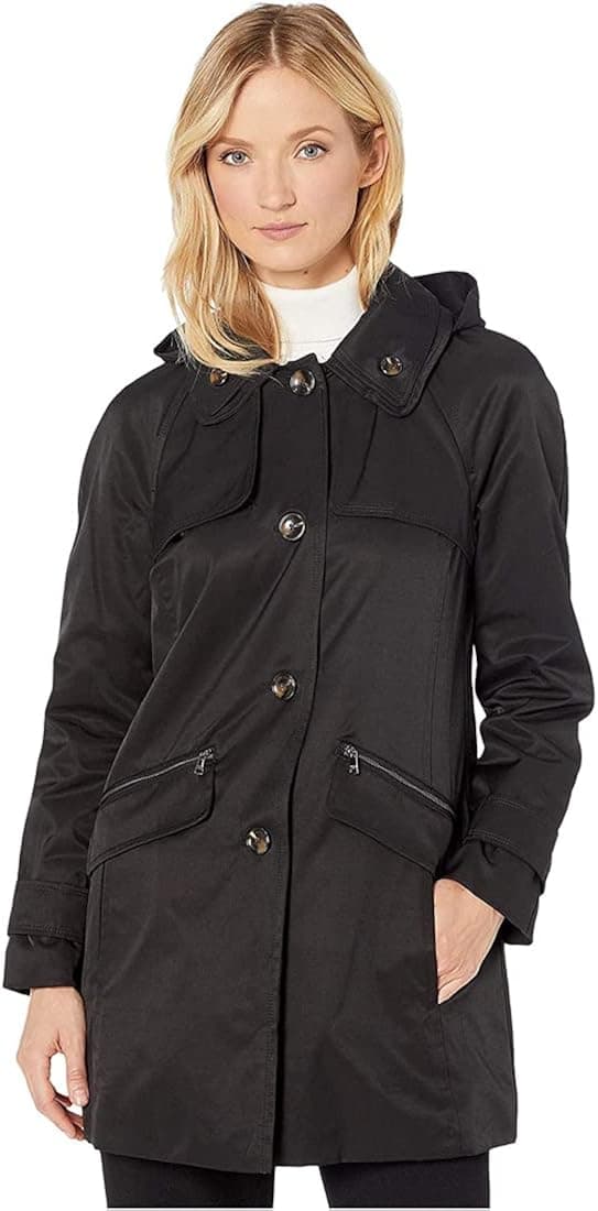 LONDON FOG Beth Walker Coat with Removable Hood Black