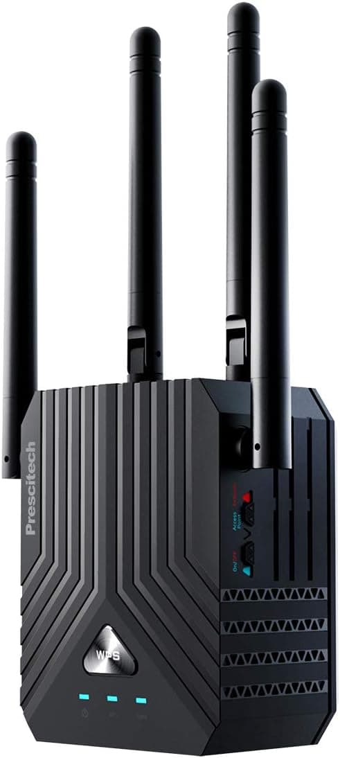 WiFi Range Extender, Prescitech AC1200 Dual Band Mini WiFi Repeater, Wi-Fi Signal Booster, Wireless Access Point with 4 External Antennas, Extending WiFi to Whole Home and Garden (Upgrade)