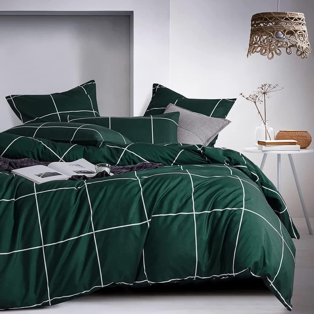 CoutureBridal Green Plaid Duvet Cover Queen Size Soft Dark Green Buffalo Check Duvet Cover Geometric Printed Bedding Set 3 Pieces Microfiber Comforter Cover with Zipper Closure Ties for Men Women