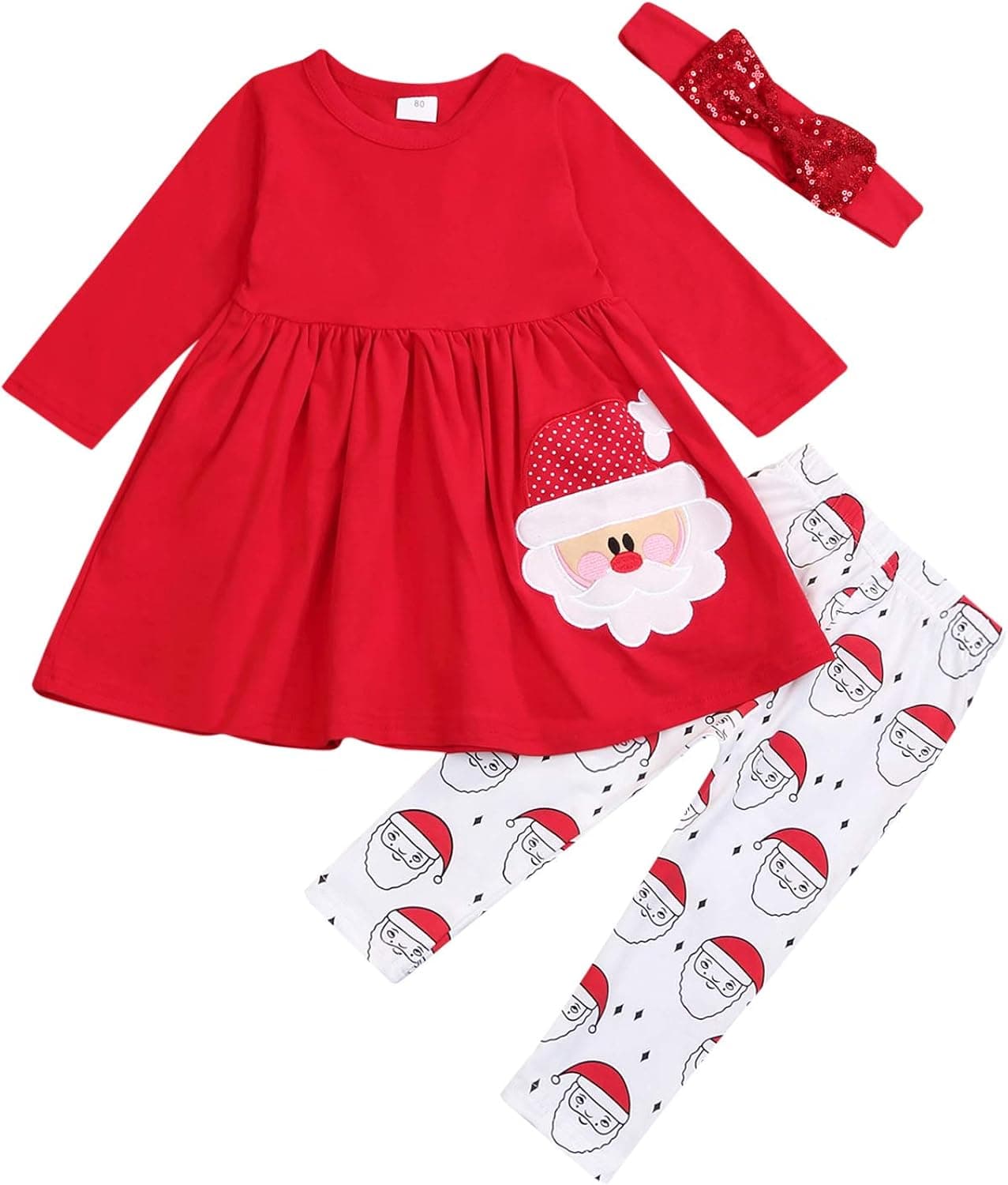 Christmas Outfits Kids Toddler Baby Girls Xmas Dress Shirt+Santa Print Pants Set Fall Winter Clothes Set (Red Santa Xmas Pants Set, 18-24M)