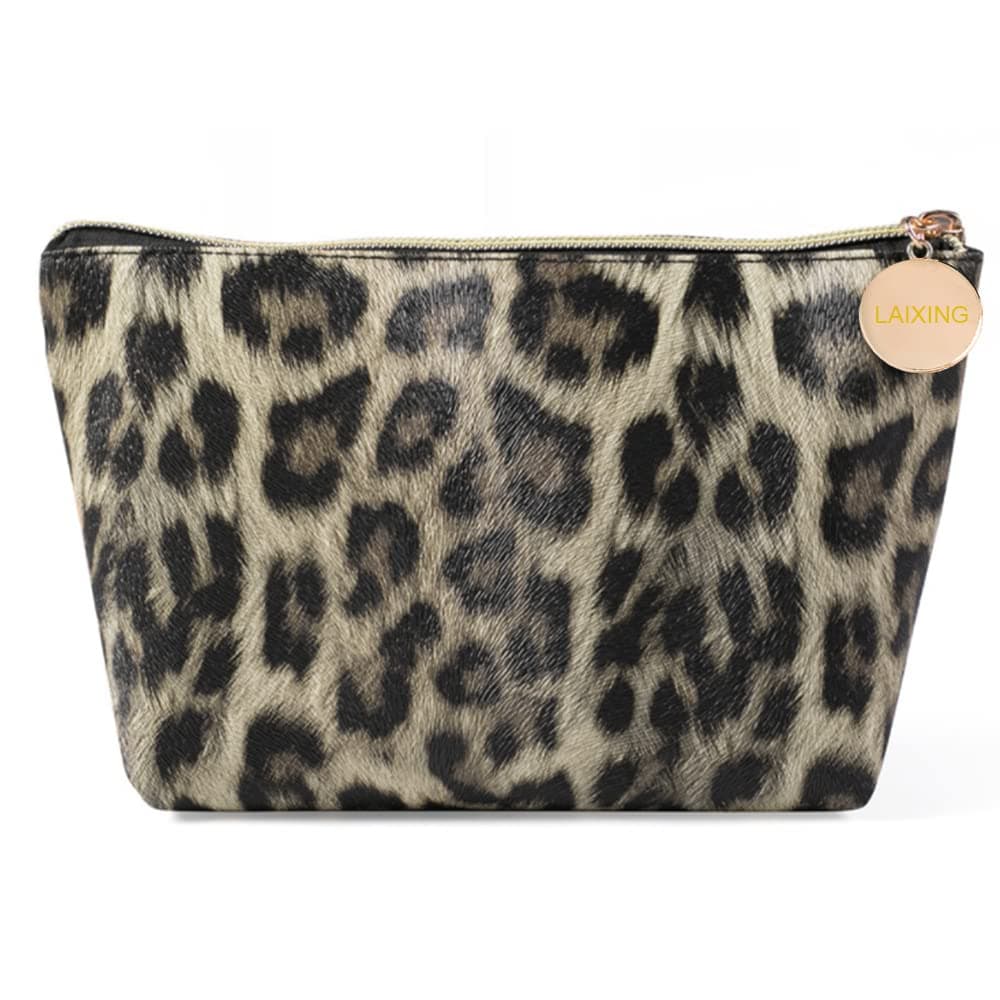 Makeup Bag, Cosmetic Bag for Women Waterproof Cute Pouch Toiletry Travel bag and Brush Organizer (Leopard print grey)