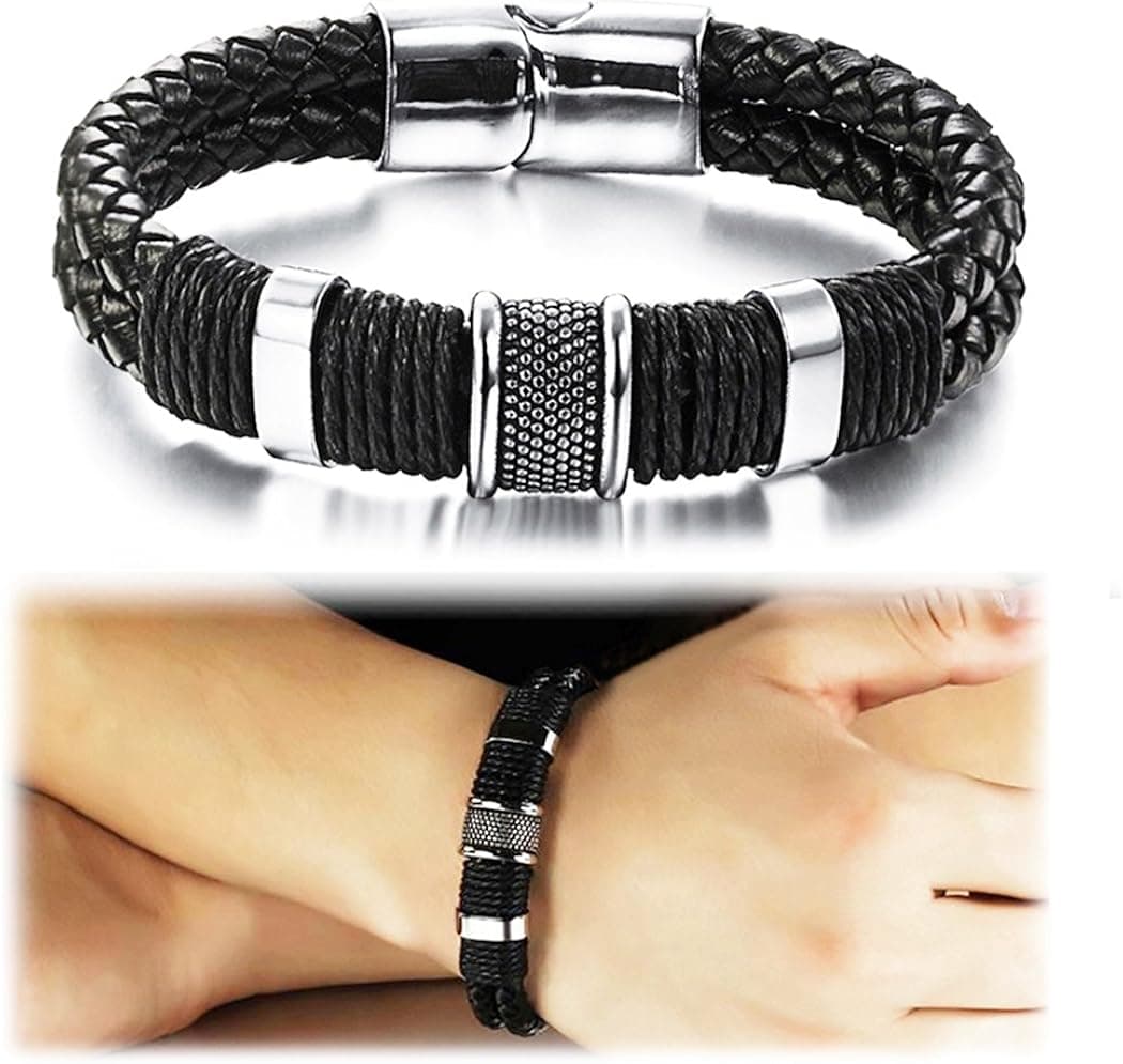 Suyi Wide Braid Black Leather Bracelet Men's Stainless Steel Magnetic Buckle Wristband Bangle