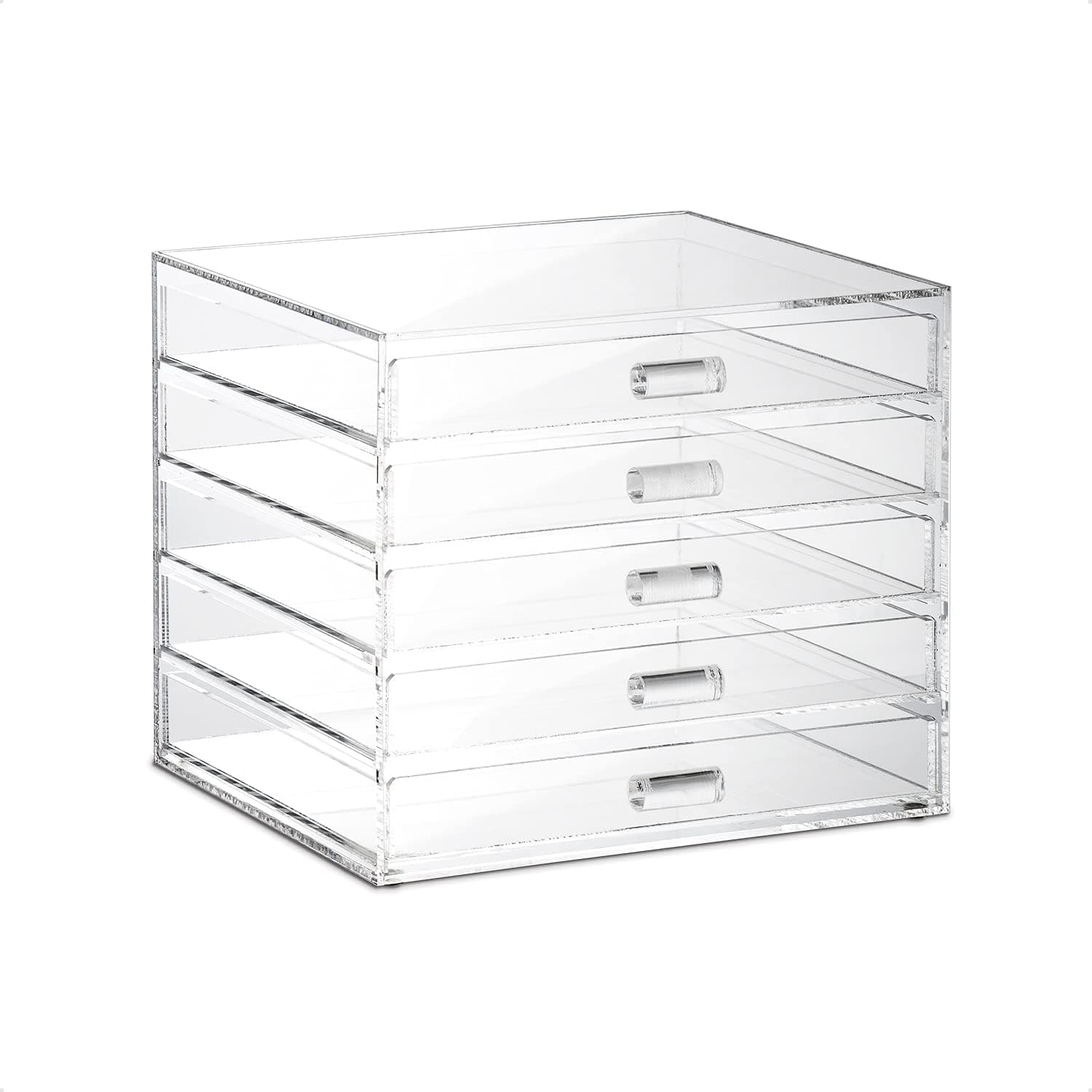 Ikee Design Premium Acrylic 5 Drawer Makeup Organizer Cosmetic Storage Jewelry Display Case for Home Storage and Store Display, 8.5" W x 7.25" D x 7.25" H