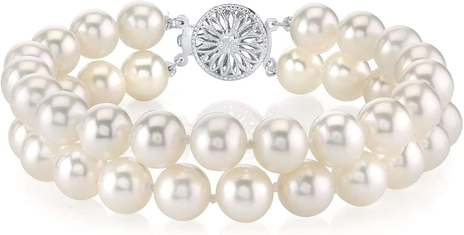 THE PEARL SOURCE Sterling Silver AAA Quality Round White Freshwater Cultured Pearl Double Strand Bracelet for Women