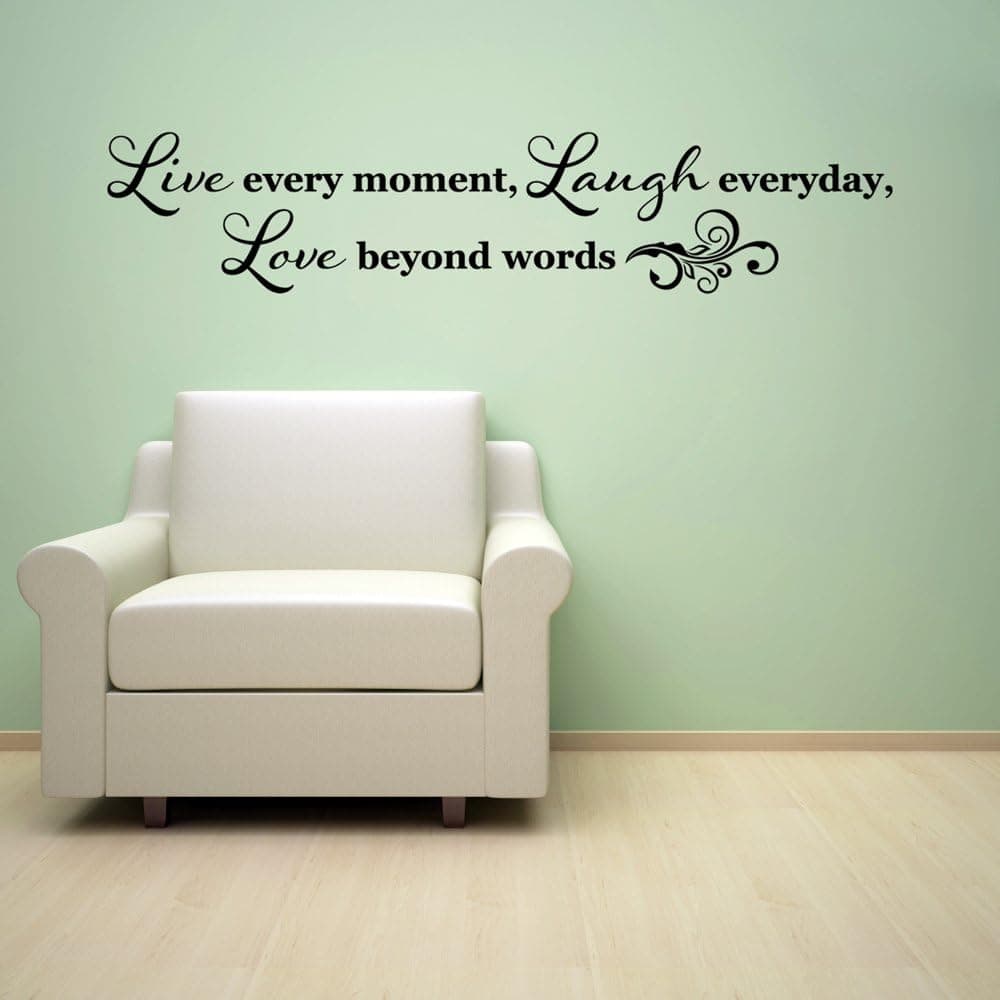 Live Every Moment, Laugh Everyday, Love Beyond Words Quote Vinyl Wall Art Decal Sticker, Removable Home Decor, White, 48" x 10"
