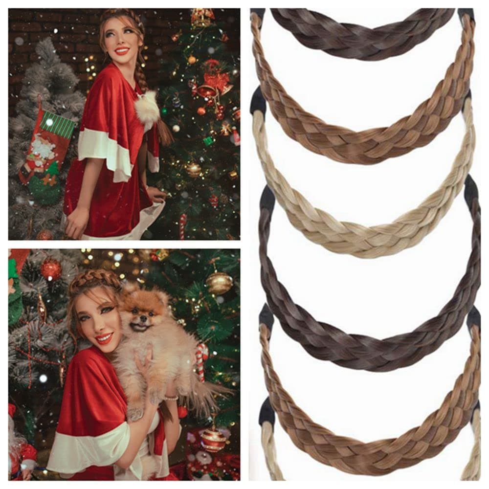 Benehair Braid Headband Chunky Braided Hair Band for Women Kids Synthetic Plaited Hairband Braiding Hairpiece Classic Wide Elastic Stretch Hairband 5 Strands Medium Size Brown Mixed #12/24 30g