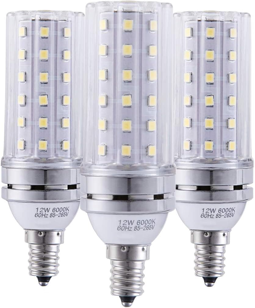 YRLiging E12 Corn LED Bulbs, 12W, 100 Watt Equivalent, 1200 Lumen, Daylight White 6000K, E12 LED Candelabra Bulbs, LED Chandelier Bulbs, LED Light Bulbs, Decorative Candle Base, Non-Dimmable, 3 Pack