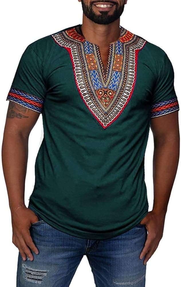 Mens Dashiki African Shirt Casual Short Sleeve T Shirt Tribal Print Tee V Neck Floral Blouse Top