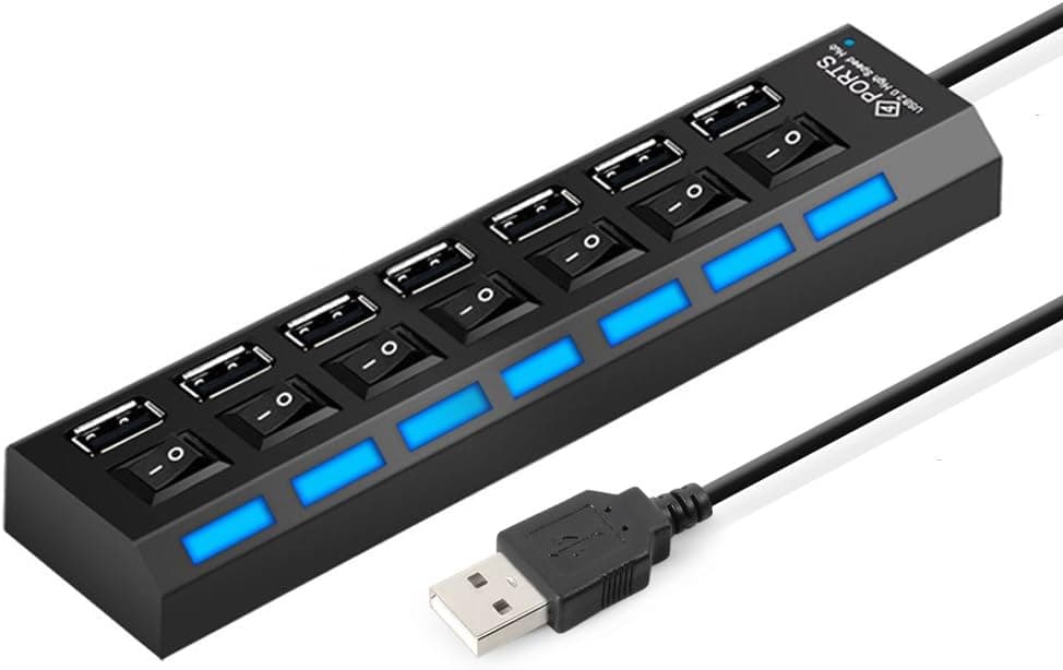 7-Port USB Hub, Foxnovo USB 2.0 Hub Data Transfer with Individual Switches Indicator Lights for PC Laptop(Black)