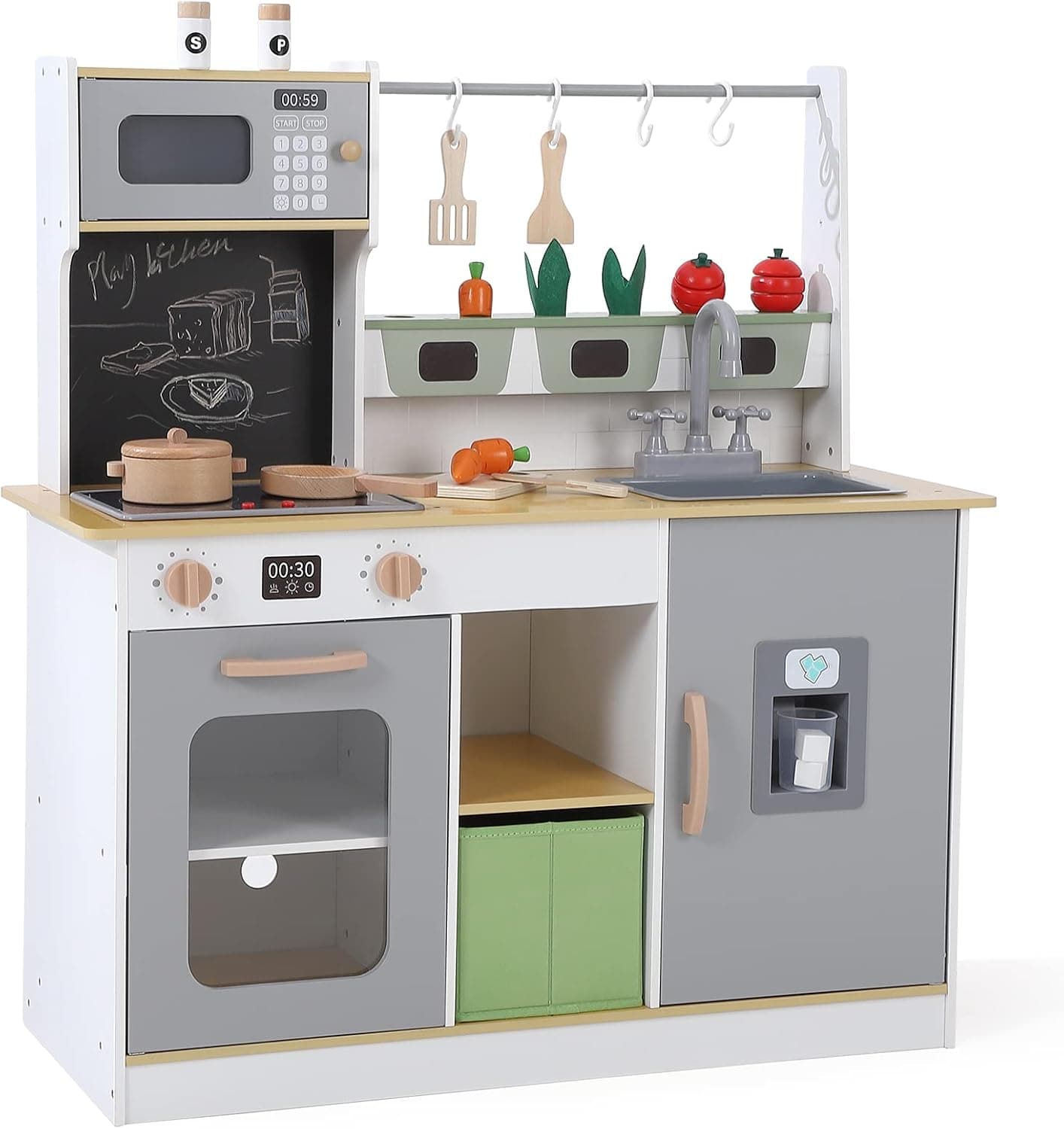 Wooden Play Kitchen with Cookware Accessories, Farm to Kitchen Set with Wooden Cookware Accessories & Cutting Vegetables, Real Lights & Sounds - Kitchen Play for Kids