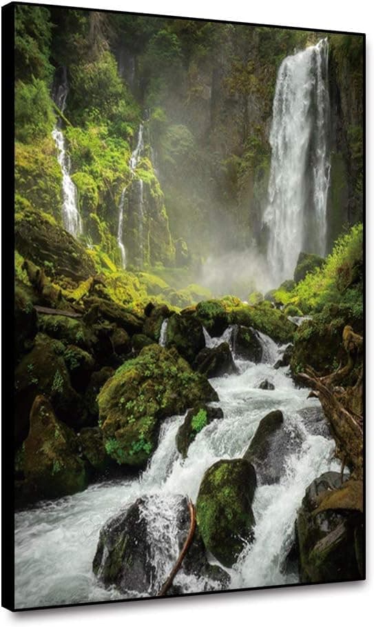 Musemailer Mountain Waterfall Wall Art Framed Canvas Prints 8"x10" Nature Forest Landscape River Stream Green Trees Canvas Printed Picture for Wall Decoration Home Office Coffee Bar Restaurant