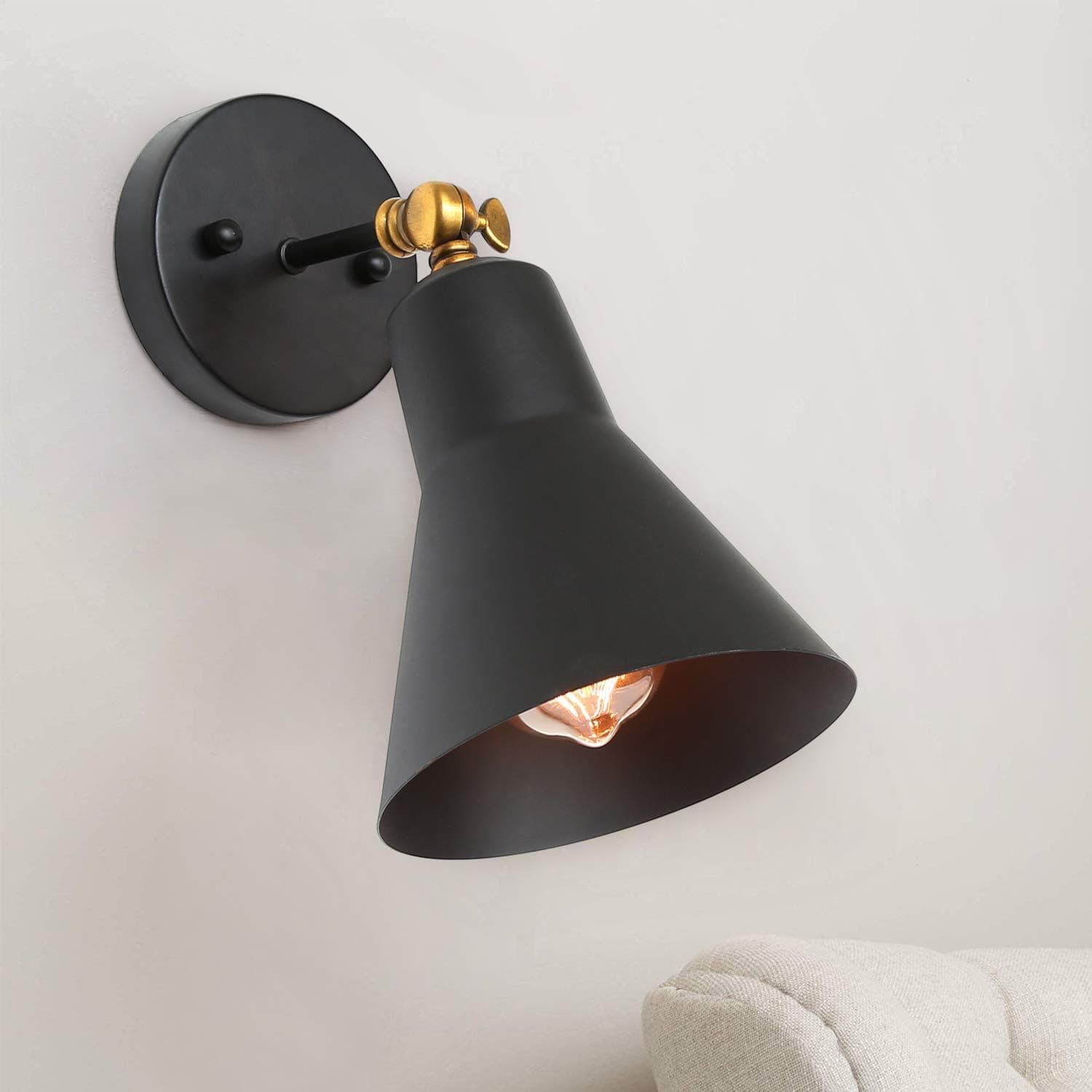 LALUZ Black Wall Sconce Swing Arm Farmhouse Sconces Wall Lighting with Vintage Cone Lamp Shade Adjustable Head and Brass Baking Finish A02807