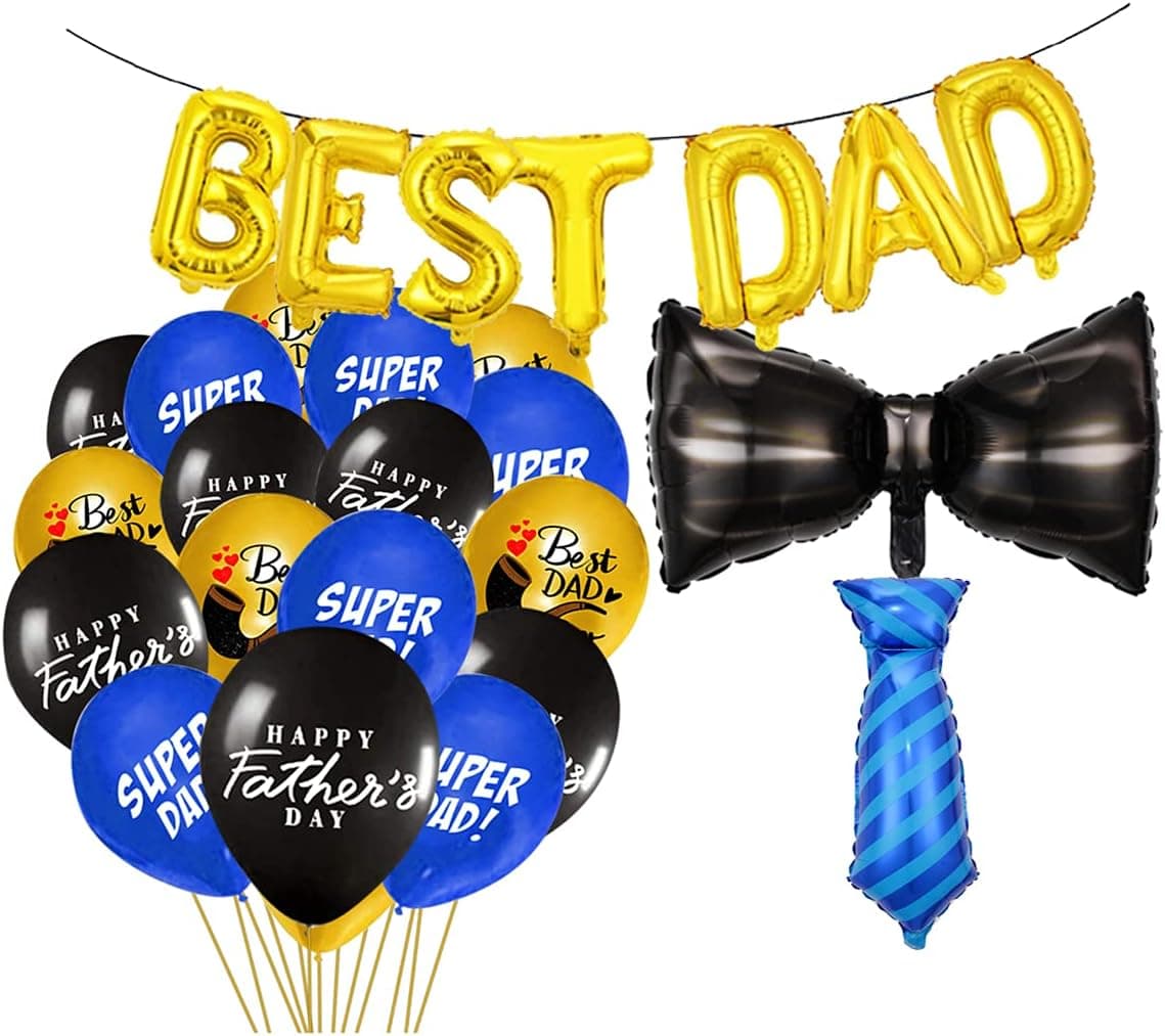 Father's Day Balloons Decorations -Best Dad Foil Balloon Black Moustache and Blue Tie Balloon for Fathers Day Party Supplies