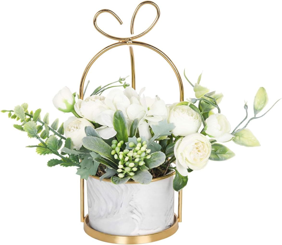 Hobyhoon Artificial Flower with Vase White Fake Silk Flower Arrangements in Ceramics Pot Faux Flower Ball Table Centerpiece Decor for Home Wedding, Party, Living Room, Desk Decoration