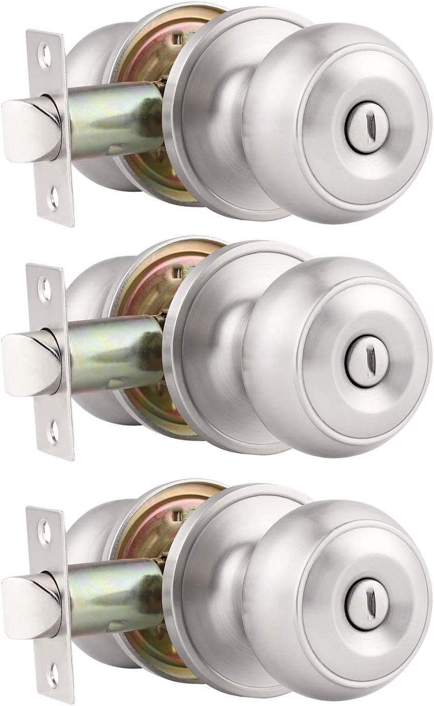 Probrico (3 Pack Round Privacy Door Knob(Thumb Turn Lock on The Inside), Keyless Doorknobs Interior/Exterior Lockset,Privacy Knobs for Bedroom/Bathroom,Satin Nickel Modern Design Door Hardware