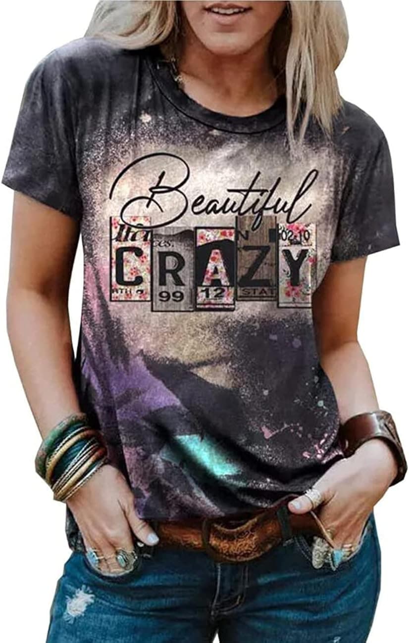 Country Music T-Shirt Women Beautiful Crazy Bleached Shirt Vintage Country Concert Graphic Tees Short Sleeve Tops