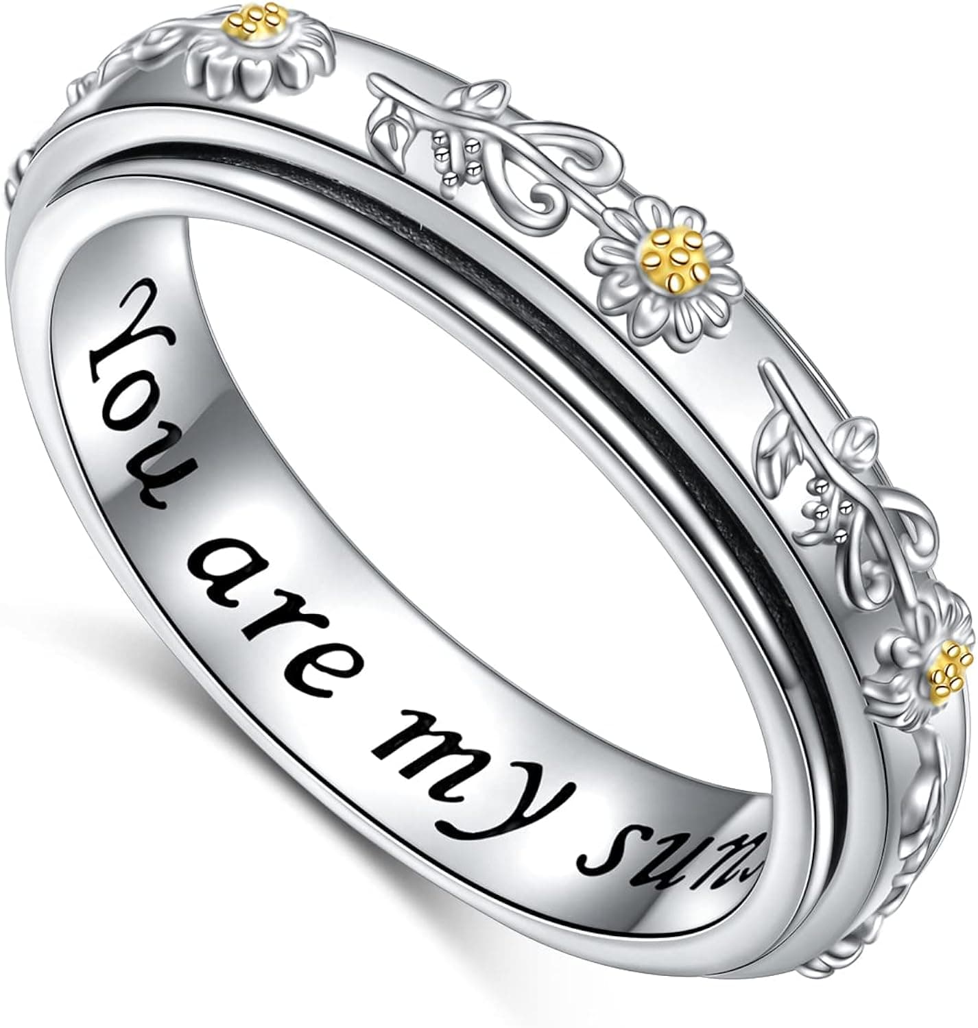 Daisy/Sunflower Anxiety Ring Sterling Silver Spinner Rings You Are My Sunshine Flower Fidget Ring ADHD Stress Relieving Ring for Women