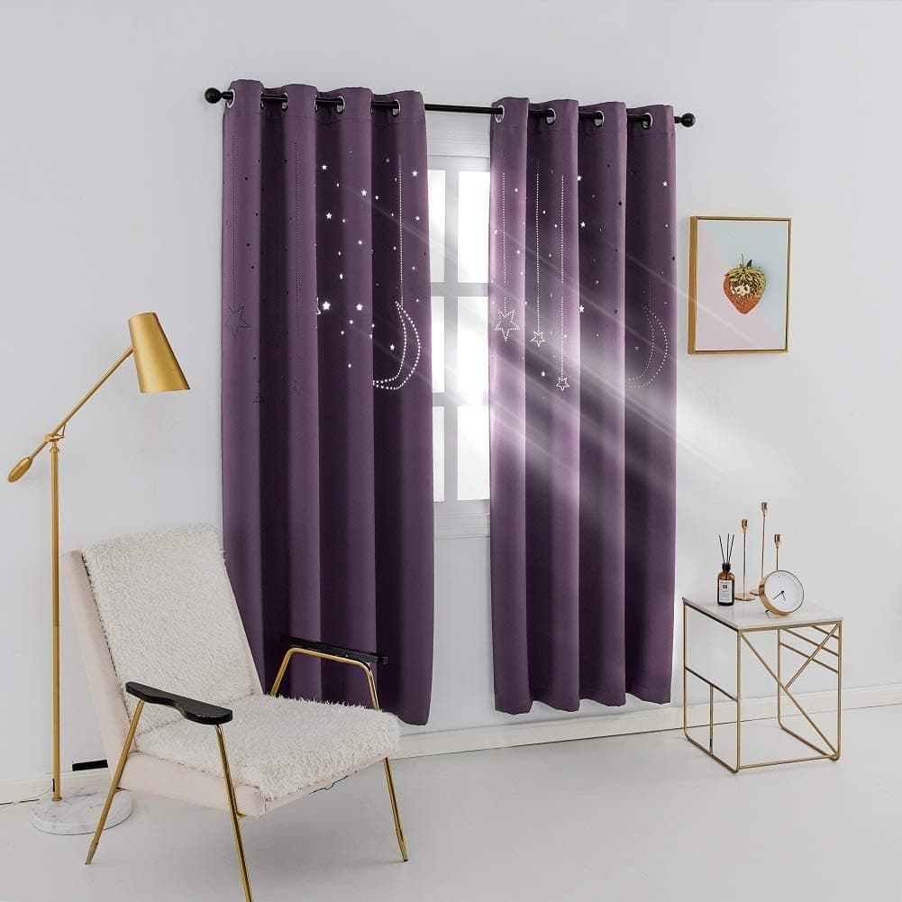 MANGATA CASA Kids Blackout Curtains with Star for Bedroom-Cutout Galaxy Window Curtains & Drapes with Grommet for Nursery Room-Baby Darkening Curtains 63 Inch Length 2 Panels(Purple 52x63in)