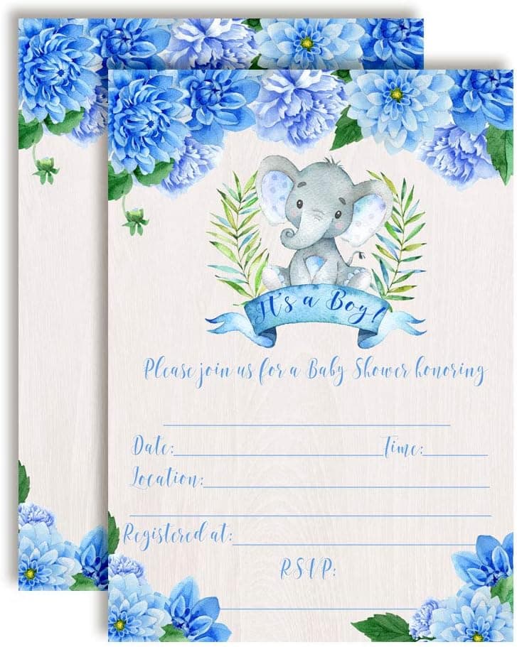 Watercolor Dahlia Floral Elephant-Themed Baby Boy Sprinkle Shower Invitations, 20 5"x7" Fill In Cards with Twenty White Envelopes by AmandaCreation