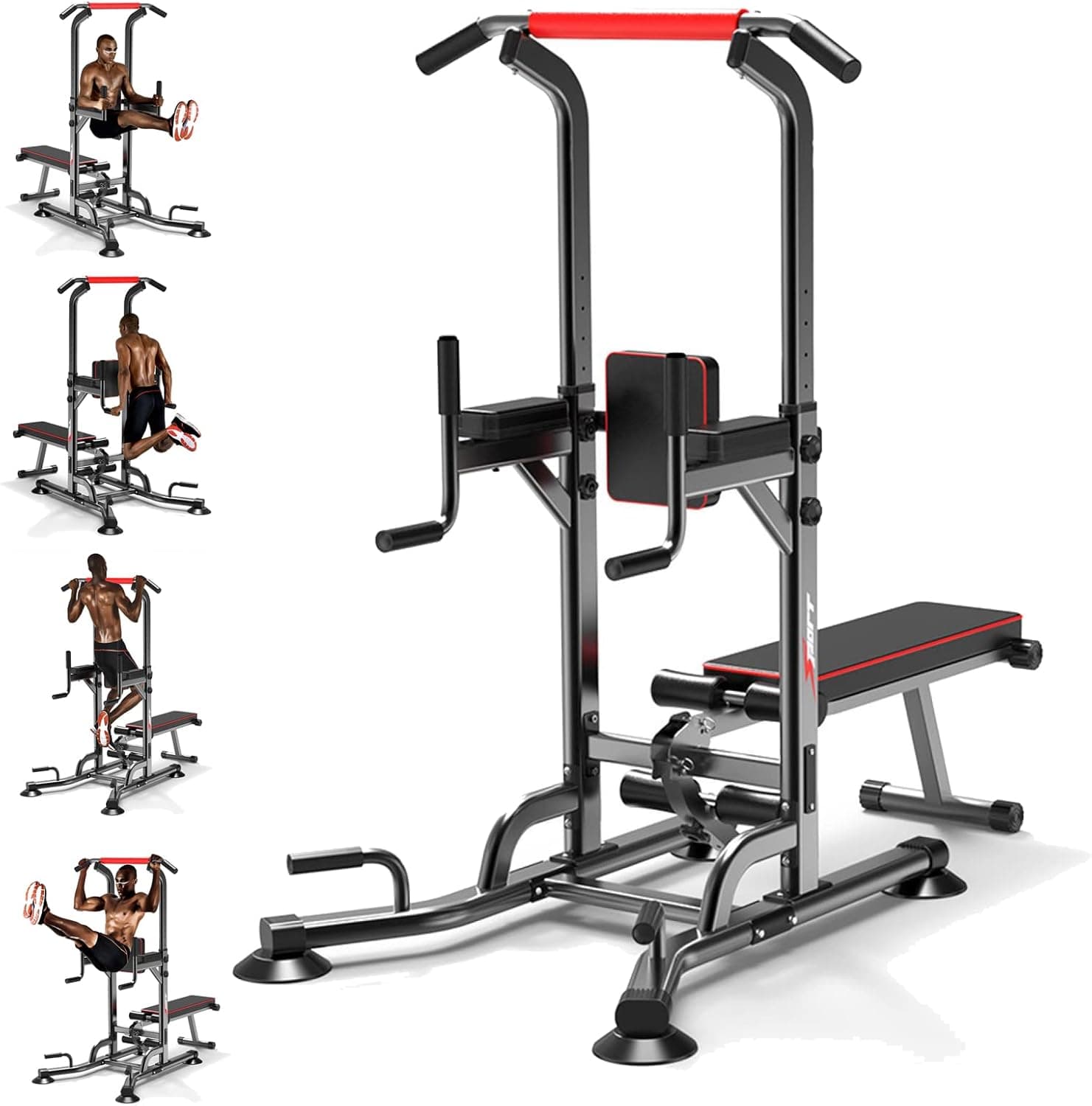 Pull Up Bar Stand/Dip Station - Cethrio Height Adjustable Power Tower With Sit-Up Bench, For Home Gym Workout Full Body Strength Training, Black