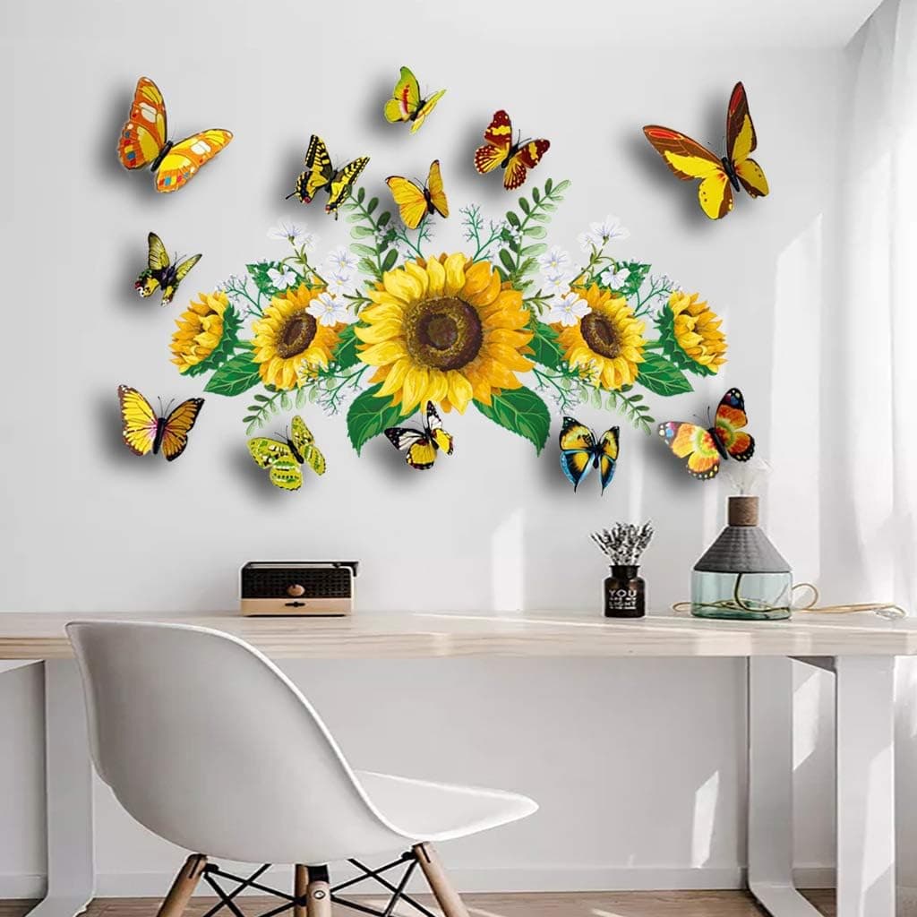 Sunflower Wall Sticker Cute Room Decor Wall Decal Sticker Plants for Bedroom Decor,The Butterfly Rests on The Yellow Sunflower,which is The Best Background Wall for Home Decoration
