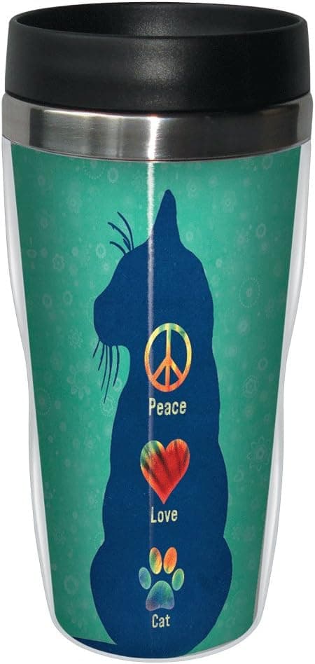 Tree-Free Greetings Angi and Silas Peace Love Cat Sip 'N Go Stainless Lined Travel Mug, 16-Ounce