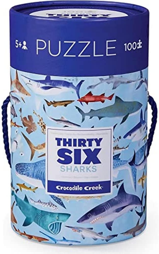 Crocodile Creek 4054-8 Shark Piece Puzzle in Canister Jigsaw FloorPuzzle, 14" x 19", Blue/Green/Orange/Red/Pink