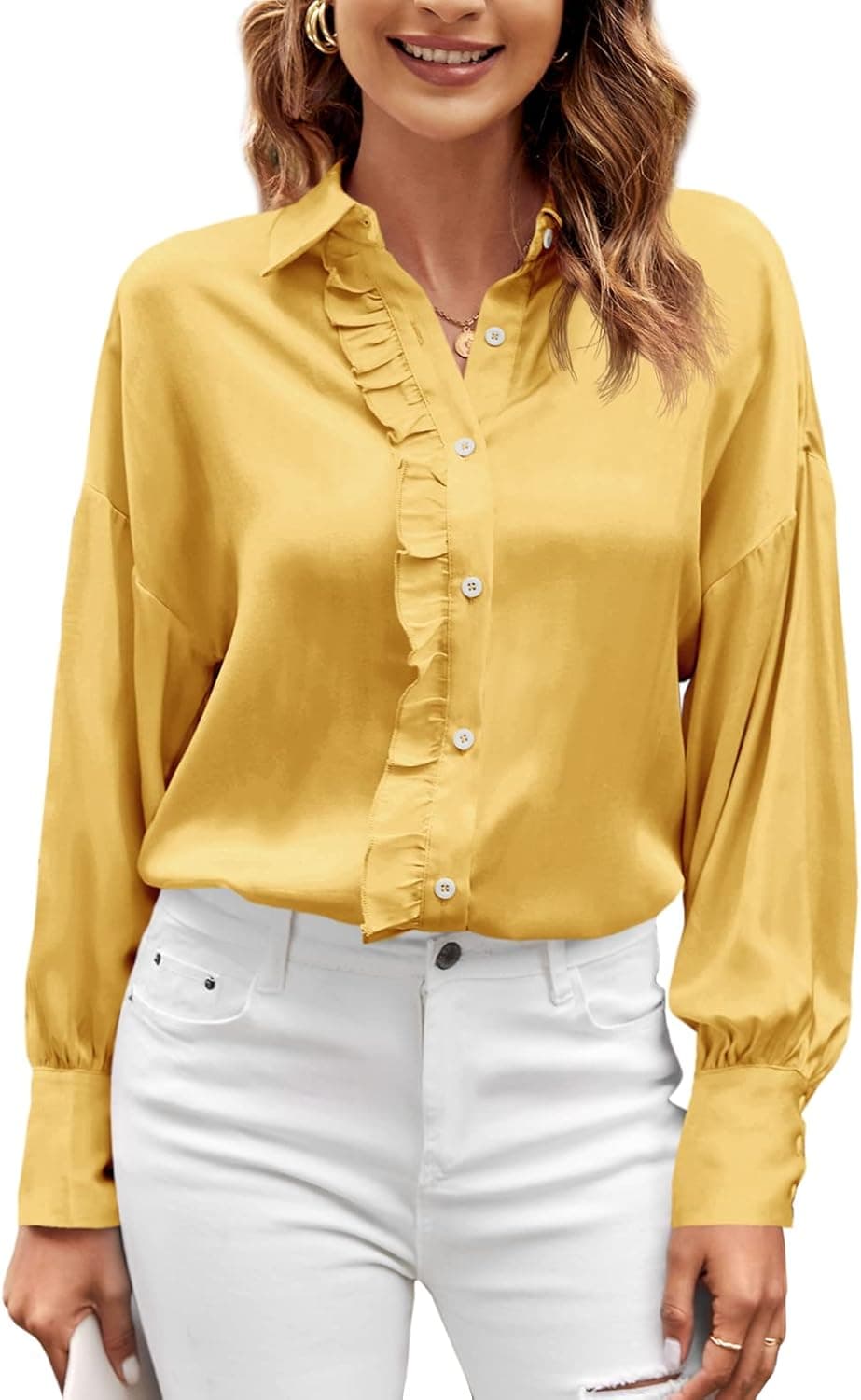 Teurkia Women's Long Sleeve Blouse Button Down Stand Collar Casual Work Shirts Tops