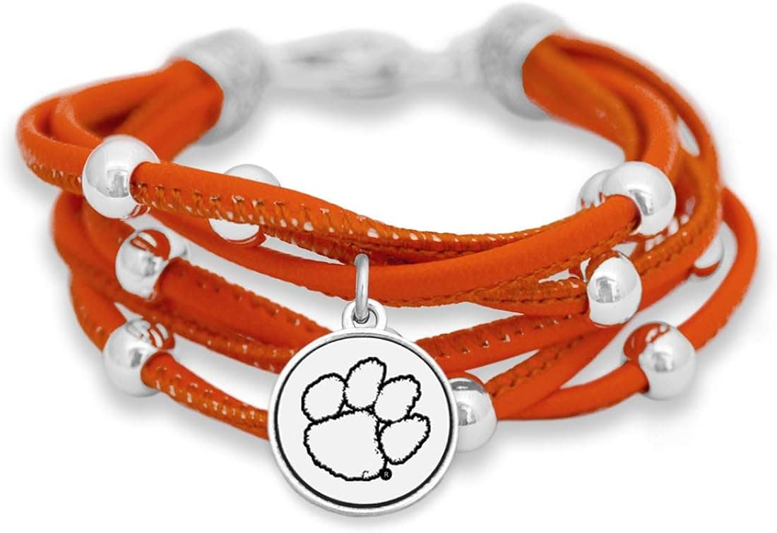 Clemson Tigers Leather Strand Bracelet with Logo and Lobster Clasp
