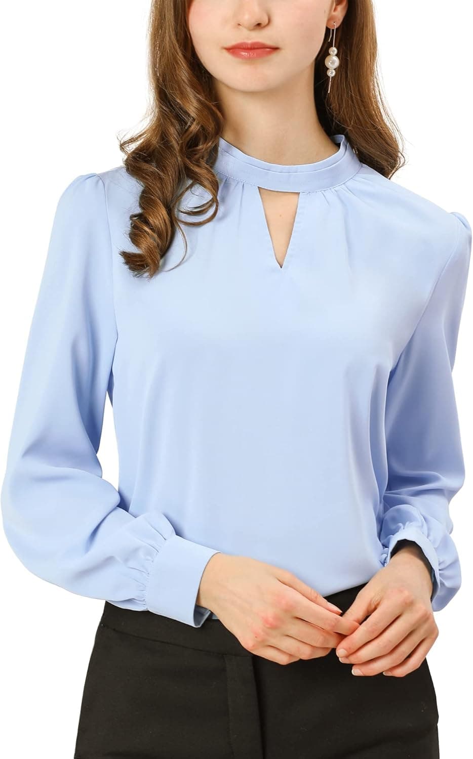 Allegra K Women's Work Office Shirt Keyhole Elegant Stand Collar Long Sleeve Chiffon Blouses