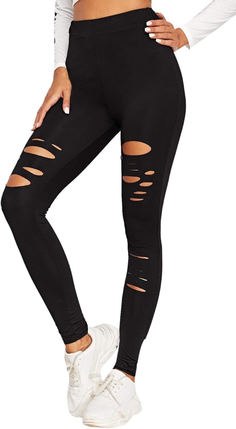 SweatyRocks Women's High Waist Cut Out Pants Yoga Workout Skinny Ripped Leggings Black L