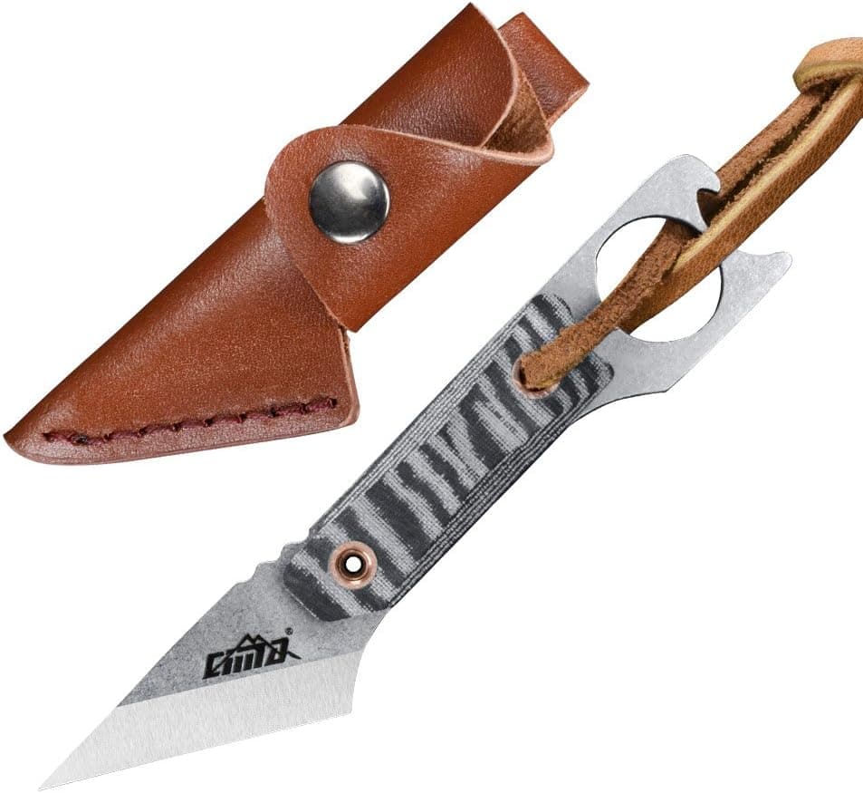 CIMA G443 Full Tang Small Fixed Blade EDC Knife,AUS-8 Steel,Micarta Handle,Leather sheath