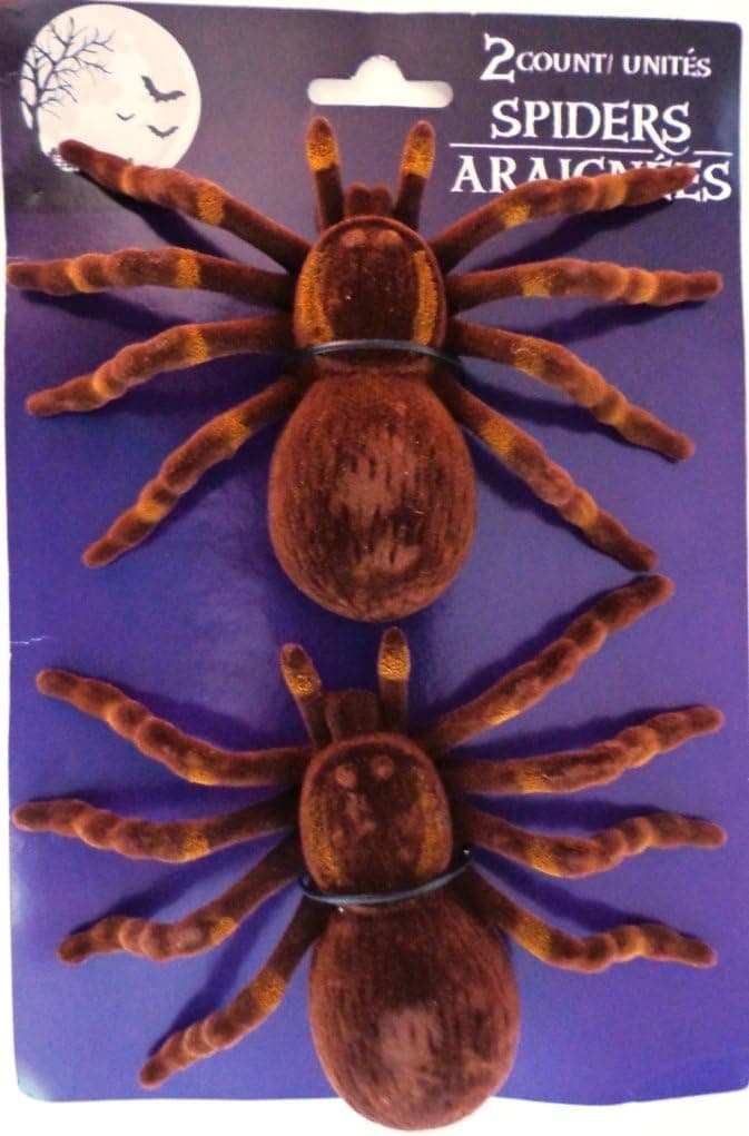 Scary and Non Scary Halloween Decorations Large Flocked Plastic Spiders Brown 2 Pack