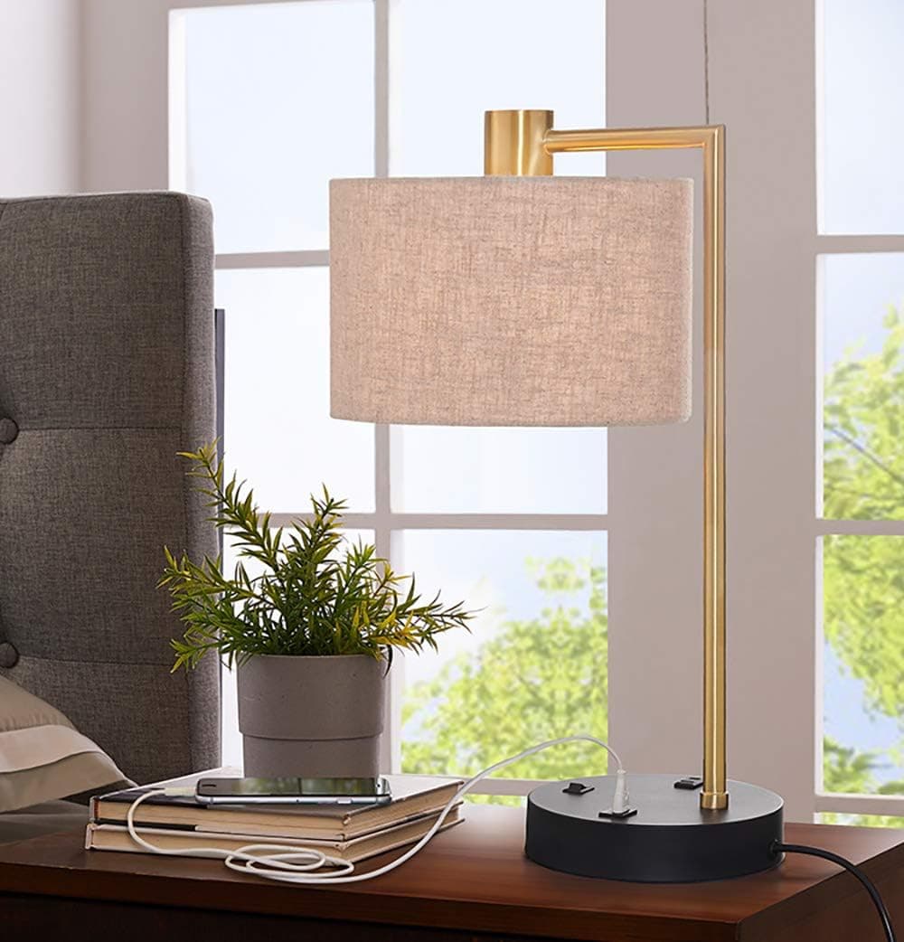 Spclsim Modern Table Lamp with USB and Stepless Dimming Large Table lamp Matte Brass Lamp Body White Linen Drum Shade Table Lamps for Bedroom Living Room Office… (White)