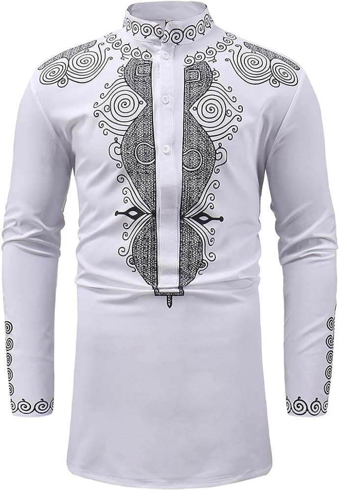 Mens Dashiki African Shirt Casual Long Sleeve T Shirt Tribal Print Blouse Top White