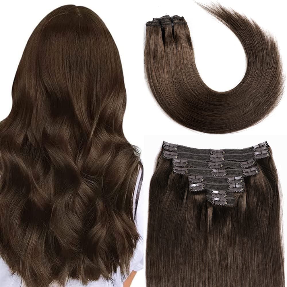 Homgoss Clip in Hair Extensions Human Hair Natural Black 120g 8pcs Remy Real Hair Straight (16 Inch, Chocolate Brown #4)
