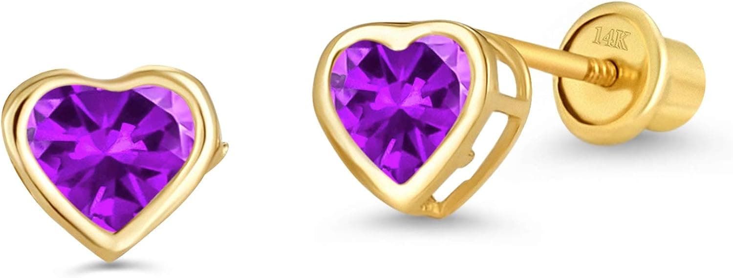 14k Yellow Gold Heart Bezel Cubic Zirconia Children Screwback Baby Girls Stud Earrings