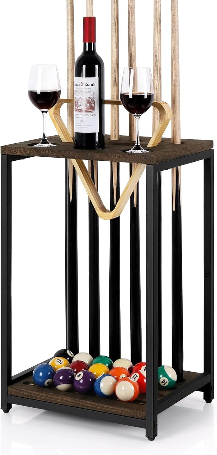 smusei Pool Stick Holder Pool Cue Rack Pool Cue Stick Holder Wood Billiard Stick Holder Pool Table Accessories for Billiard Room Game Room Club Holds 6 Cues, Floor Stand, Deep Brown