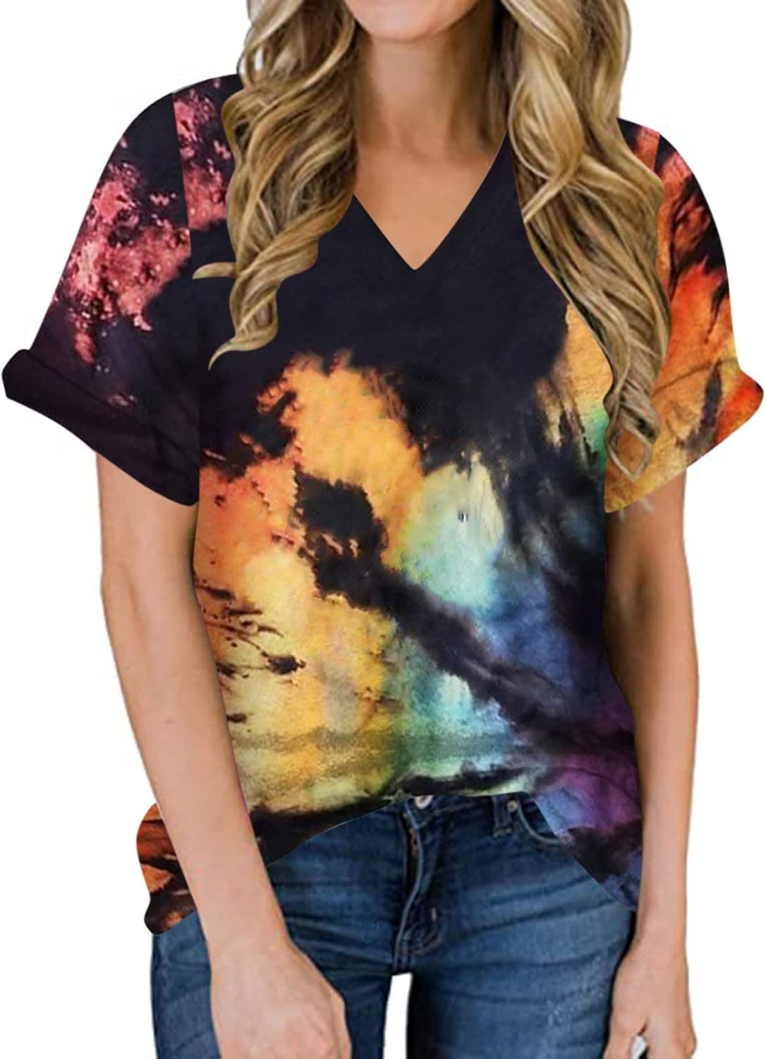 Reverse Tie Dye Rainbow Tops Women Gradient Tee Shirt Summer Basic Tops Casual Ombre Tshirts Blouse Basic Camo Tshirt