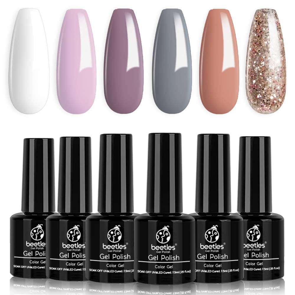Beetles Gel Nail Polish Set, Weekend Getaway Collection Soft Pink Purple Nude Gel Polish Golden Glitter Coral Gel Nail Lacquer Kit Bridal French Nail Art Manicure Kit