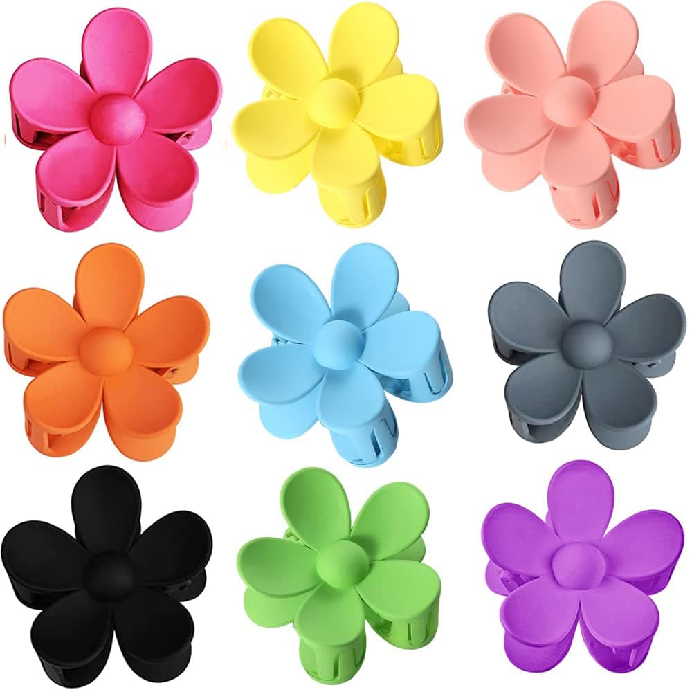 LEYNLEEY 9 PCS Flower Hair Clips, Hair Claw Clips for Women Girl Big Jaw Cute Clips Hair Accessories Strong Hold Matte Claw Thin Hair Thick Hair Clips(9 colors)