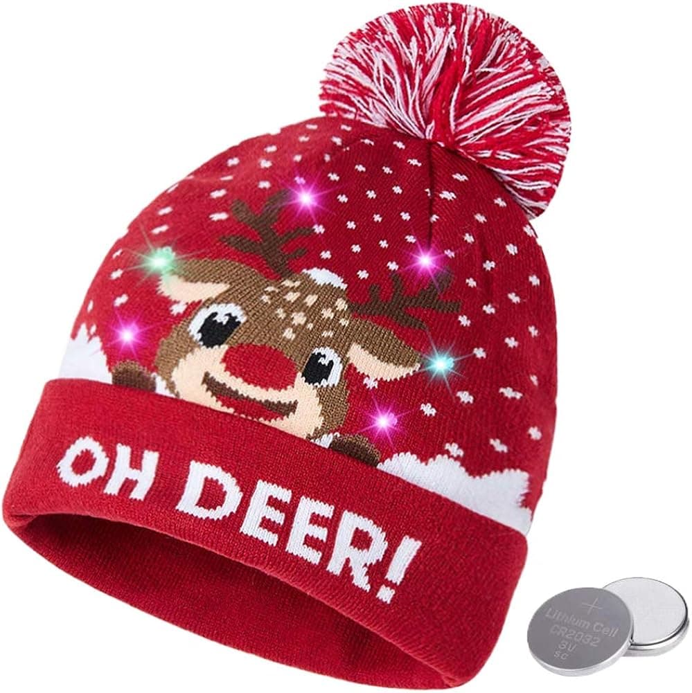 Unisex Ugly LED Christmas Hat Colorful Light-up Knitted Santa Sweater Xmas Party Beanie Cap with 6 Lights