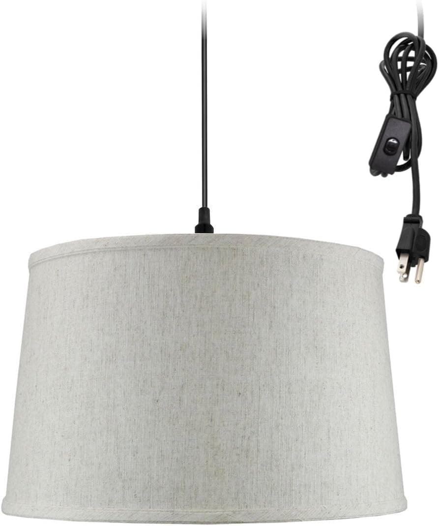 1 Light Swag Plug-In Pendant 16"w Shallow Drum Textured Oatmeal Shade, 17' Black Cord