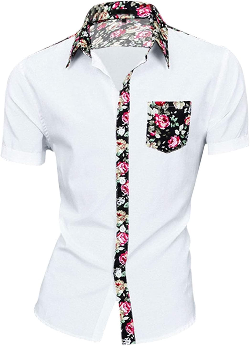 uxcell Men's Summer Floral Printed Button Down Short Sleeve Color Block Flower Hawaiian Shirt White 38